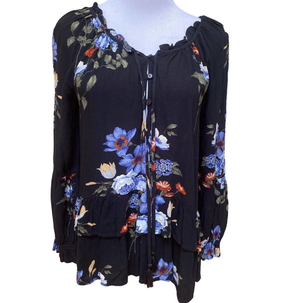 American Eagle Outfitters Black Floral Peasant Blouse